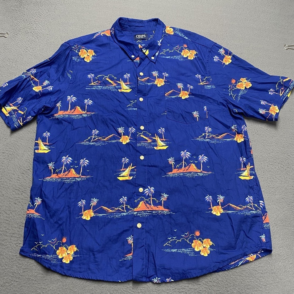 Chaps Shirt Mens 2XL Blue Floral Short‎ Sleeve Button Up Relaxed Cotton Modal